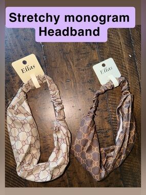 Monogram Stretchy Headband in Beige and Brown